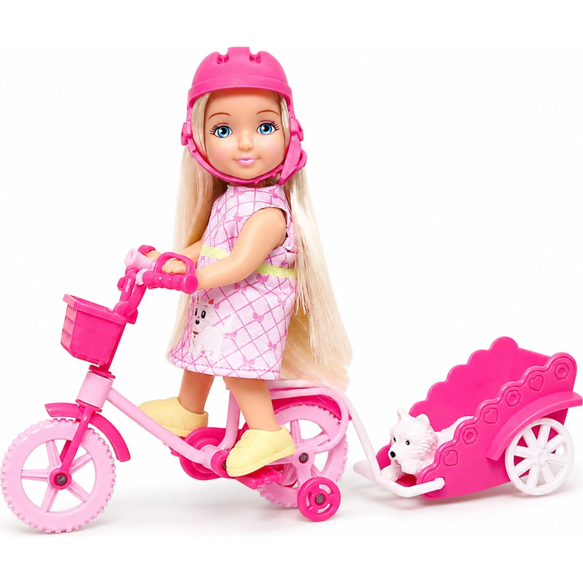 Kiki dukke med pink cykel og anhænger - 11 cm