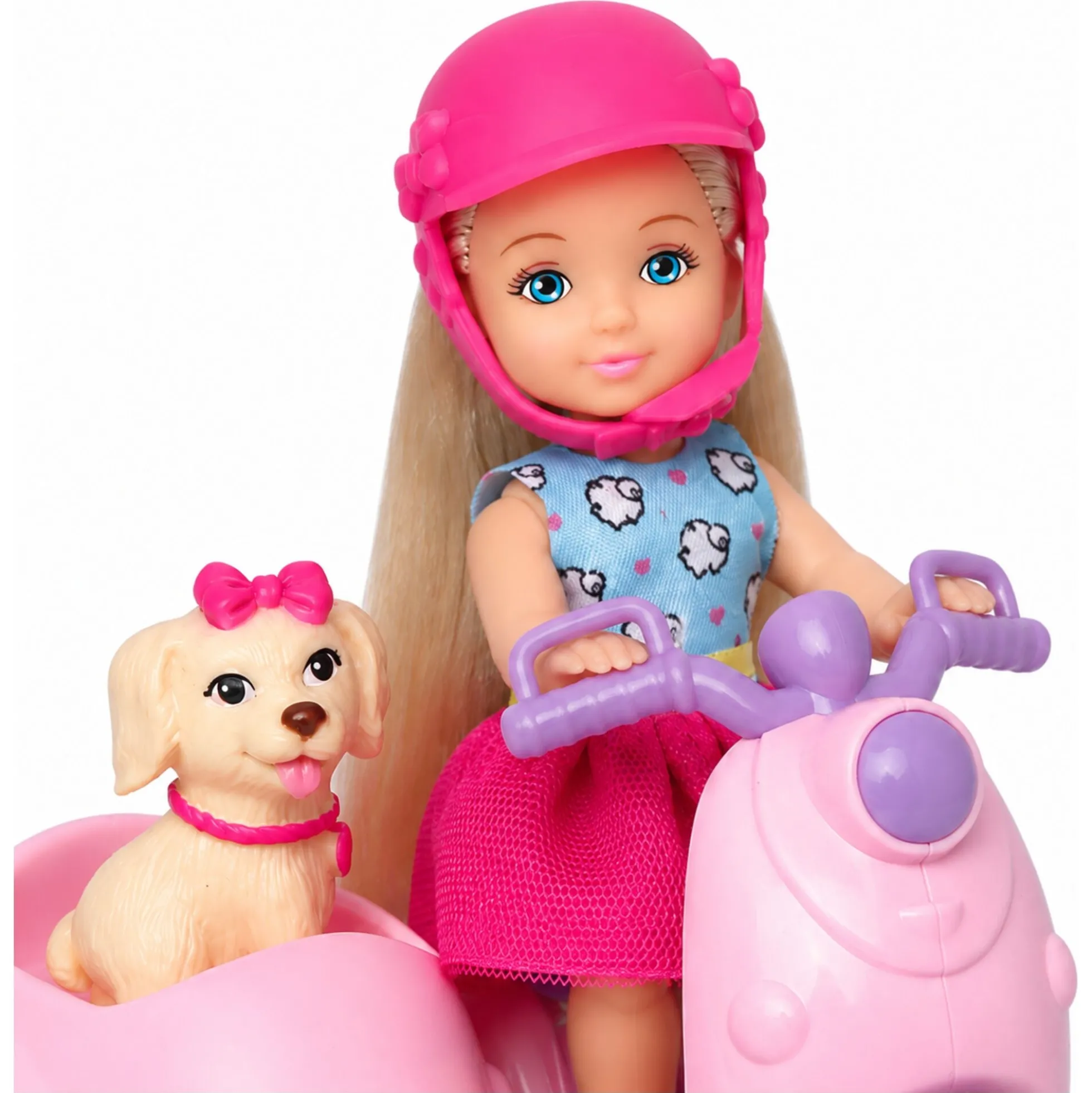 Kiki dukke med pink scooter og hund i sidevogn - 11 cm
