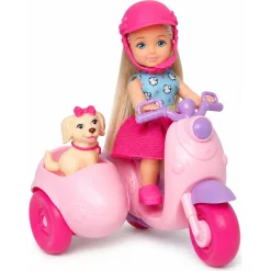 Kiki dukke med pink scooter og hund i sidevogn - 11 cm
