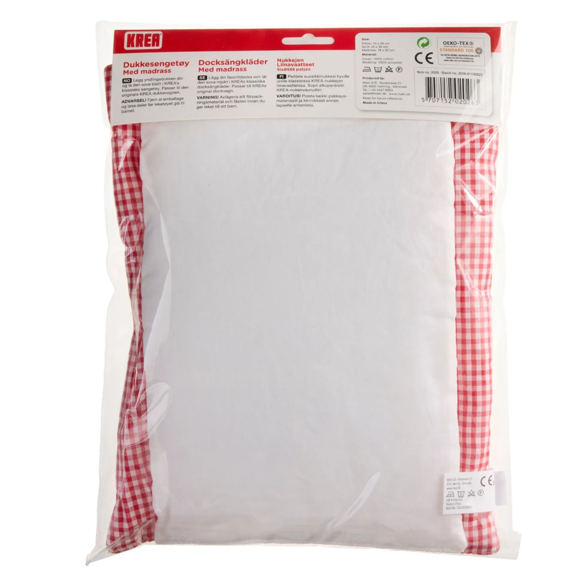 KREA dukke sengetøj - 25x30 cm - Rød og hvid ternet