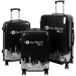 Kuffertsæt - 3 Stk. - Kuffert med motiv - New York city - Black - Hardcase letvægt kuffert med 4 hjul