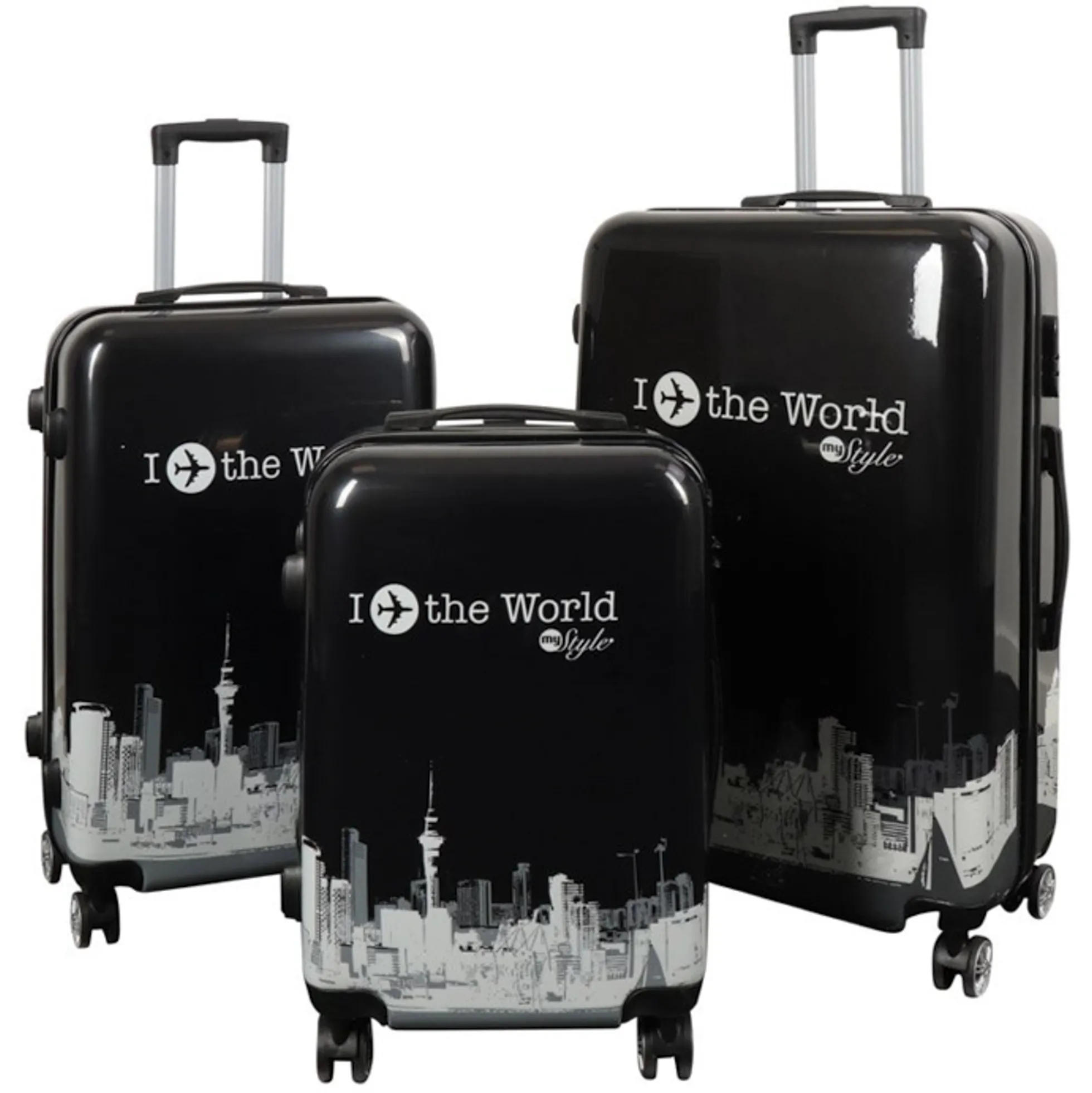 Kuffertsæt - 3 Stk. - Kuffert med motiv - New York city - Black - Hardcase letvægt kuffert med 4 hjul