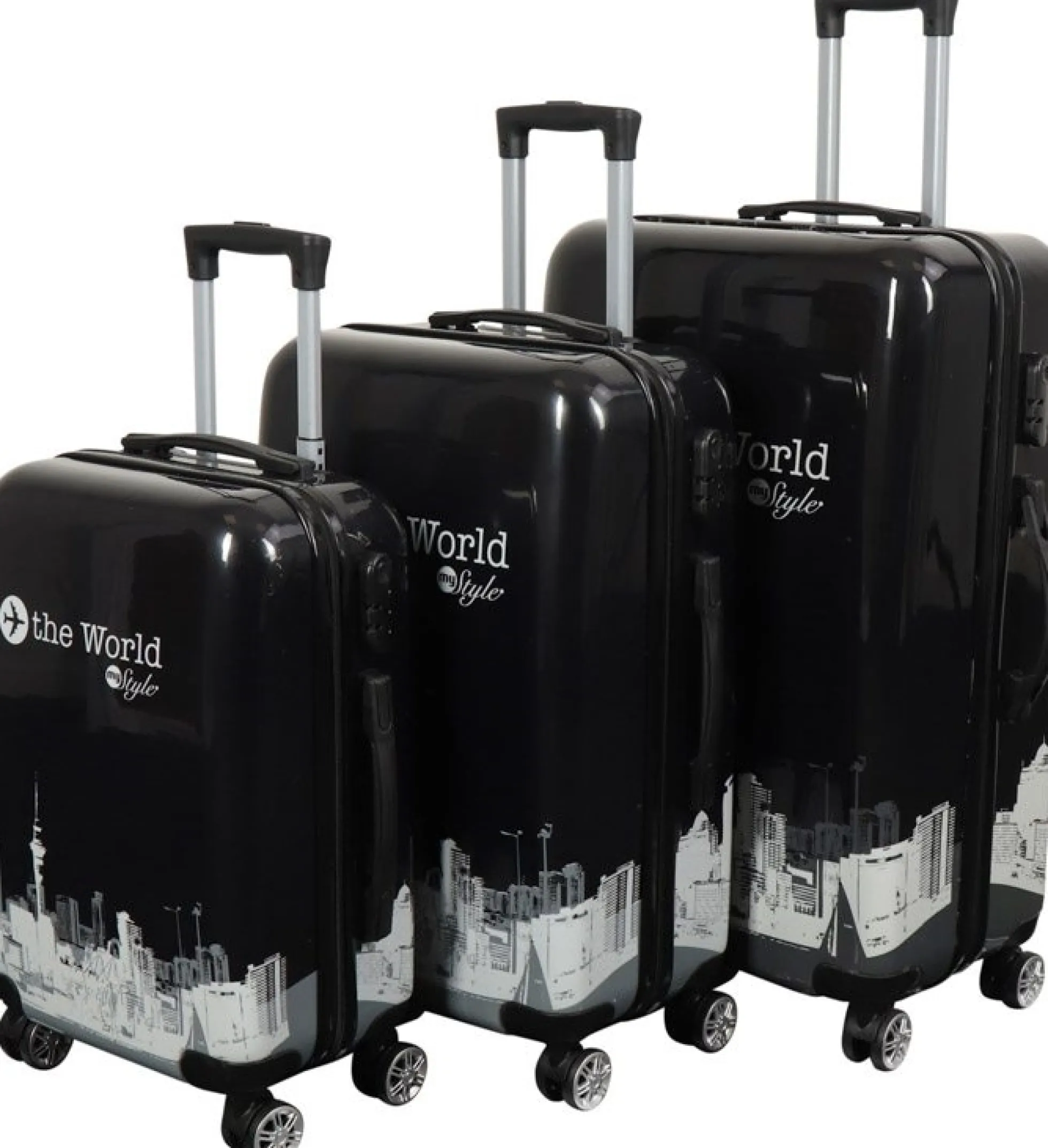 Kuffertsæt - 3 Stk. - Kuffert med motiv - New York city - Black - Hardcase letvægt kuffert med 4 hjul