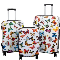 Kuffertsæt - 3 Stk. - Kuffert med motiv - Hvid med sommerfugle print - Hardcase letvægt kuffert med 4 hjul