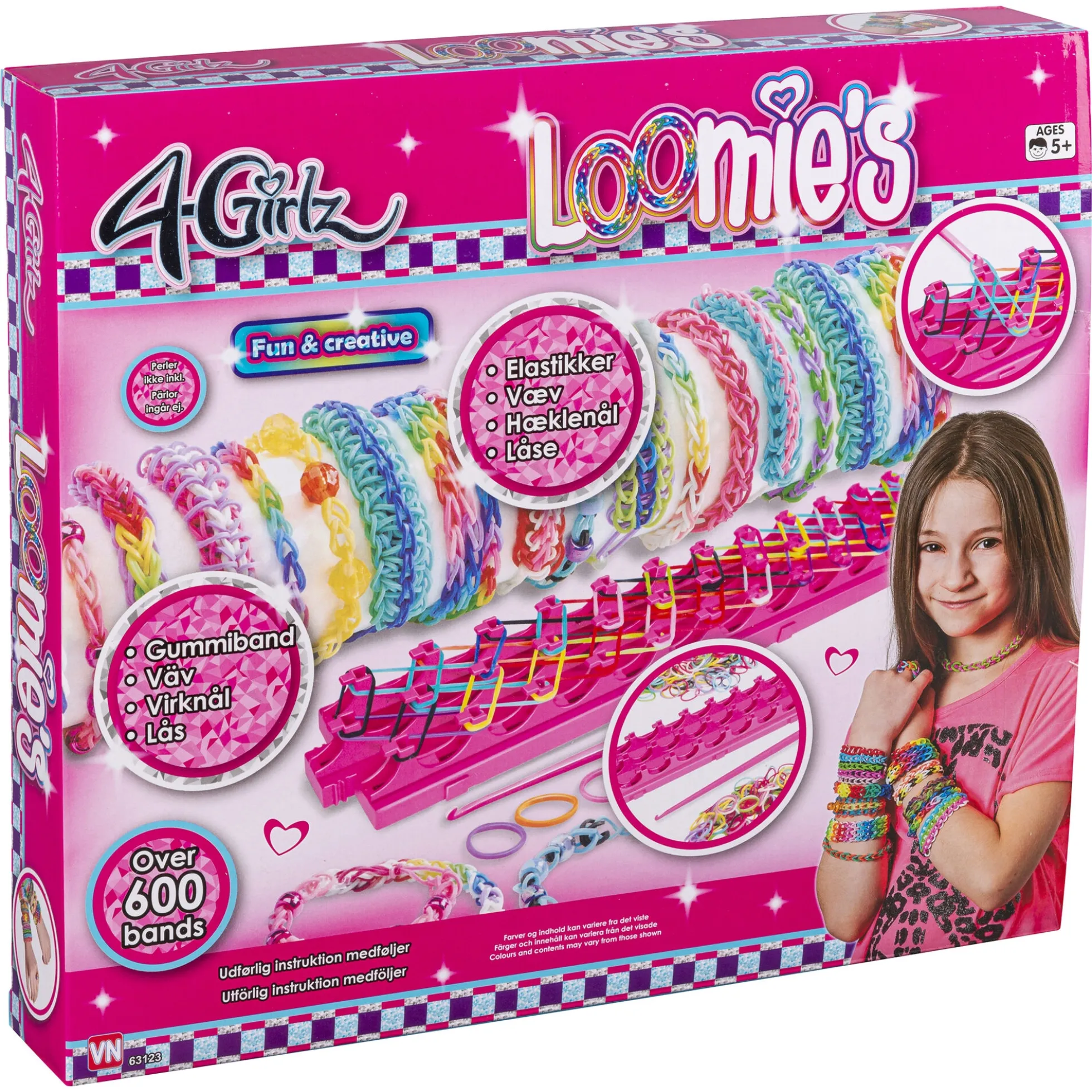 Loom bands armbåndssæt med væv, elastikker og hæklenål - 600+ bands