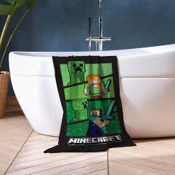 Minecraft håndklæde - 70x140 cm - 100% bomuld - Blødt badehåndklæde med Steve, Alex og Creeper
