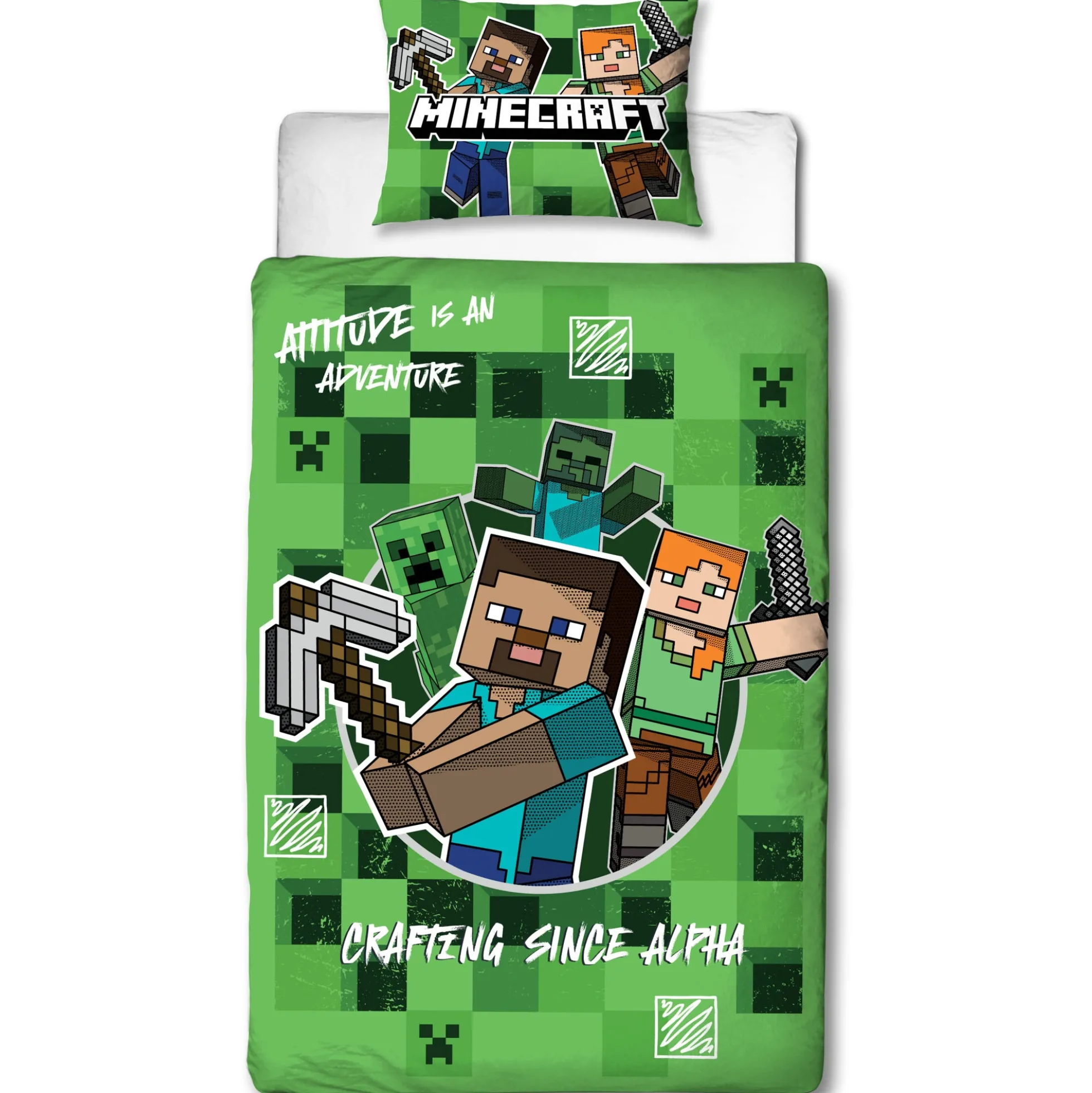 Minecraft sengetøj - 100% bomuld - Børnesengetøj 140x200 cm - Alex og Steve - Grøn