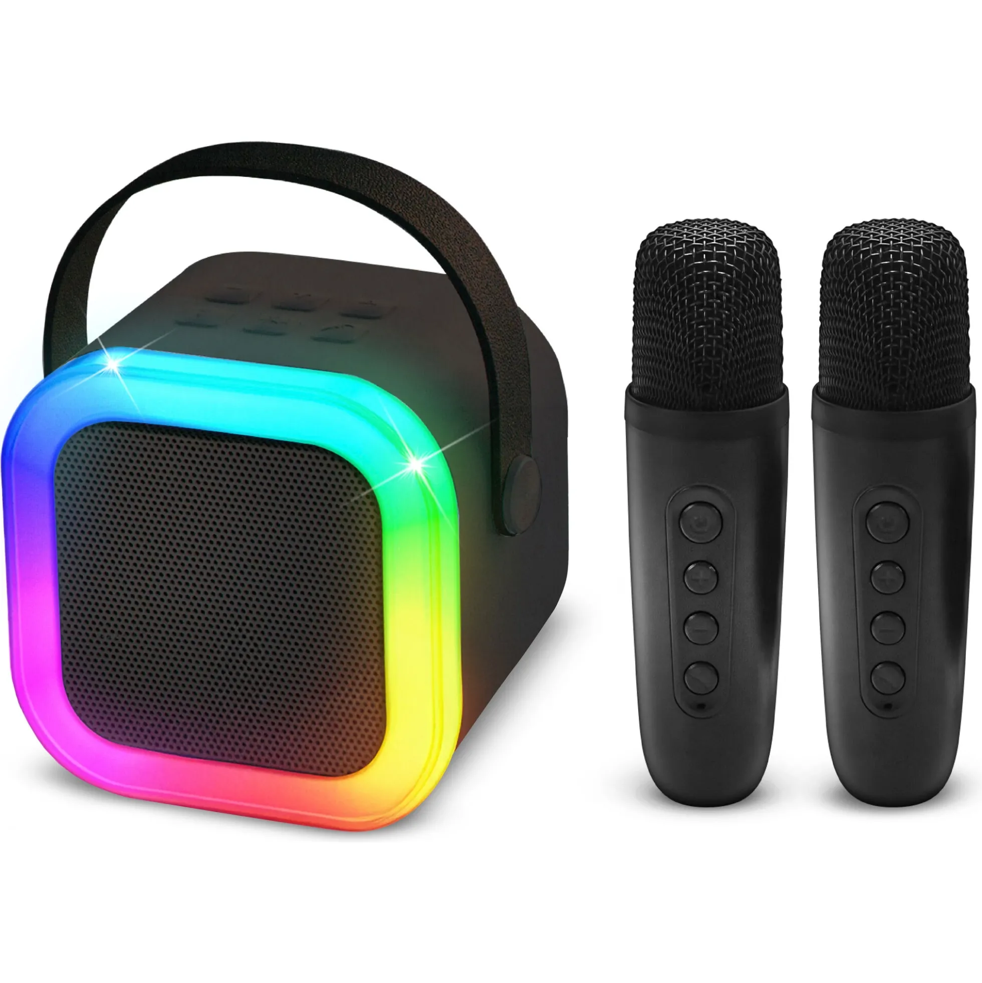 Mini karaokehøjttaler med 2 trådløse mikrofoner og LED-lys