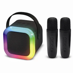 Mini karaokehøjttaler med 2 trådløse mikrofoner og LED-lys