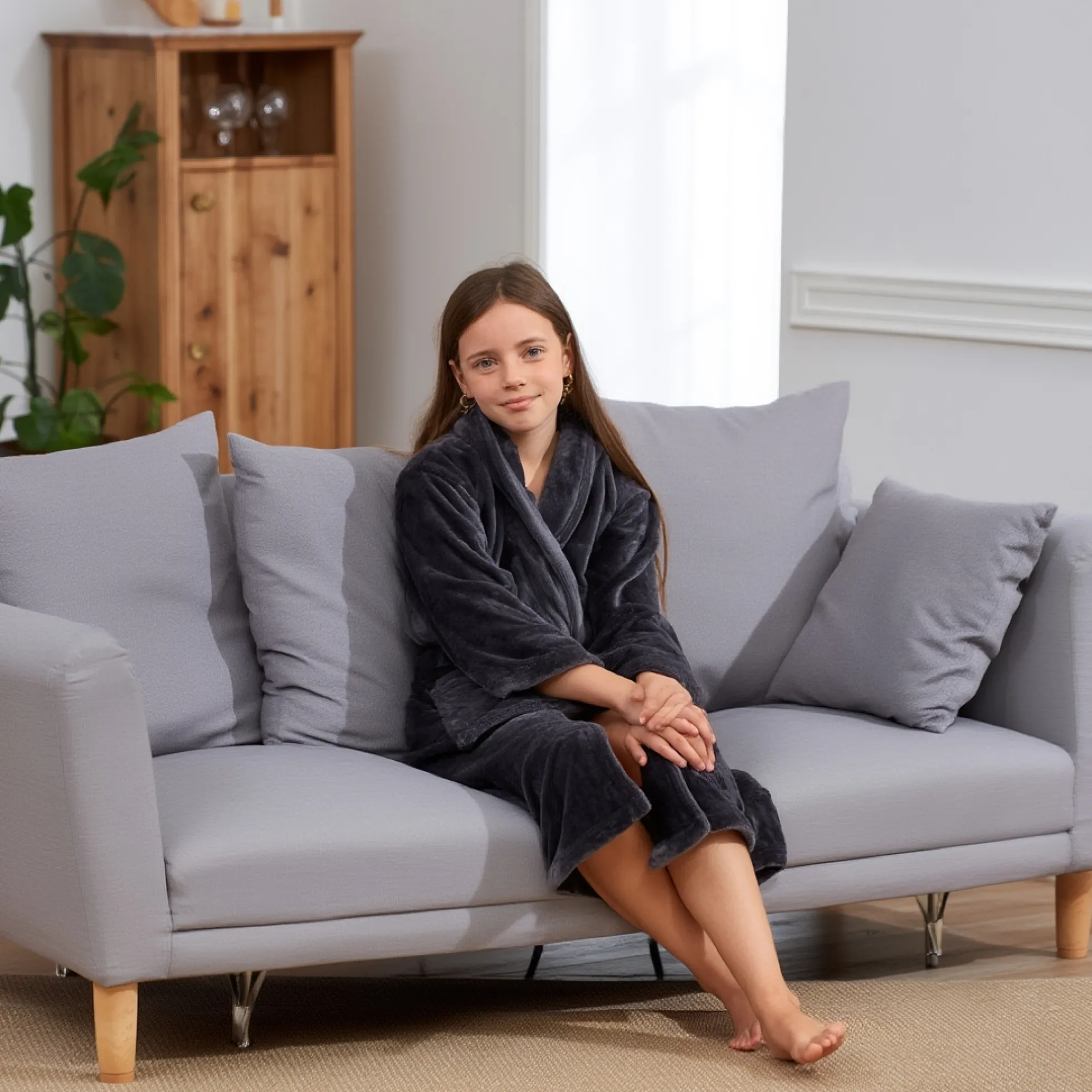 Morgenkåbe str. 12-14 år - 100% blød fleece børnekåbe - Mørkegrå