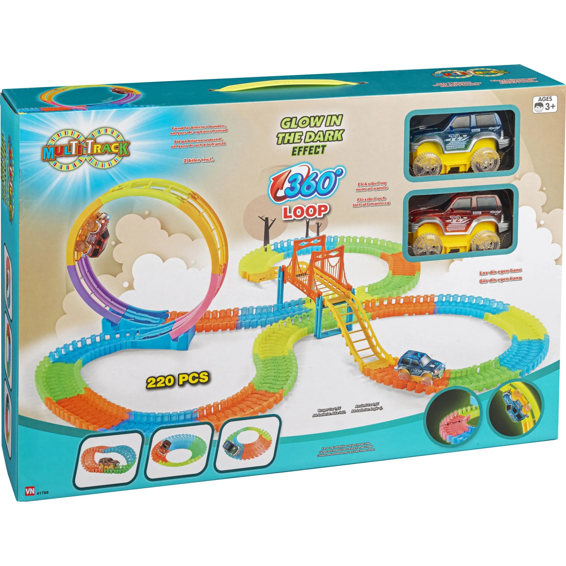 MultiTrack Glow selvlysende racerbane med loop og 2 lysende biler - 220 dele