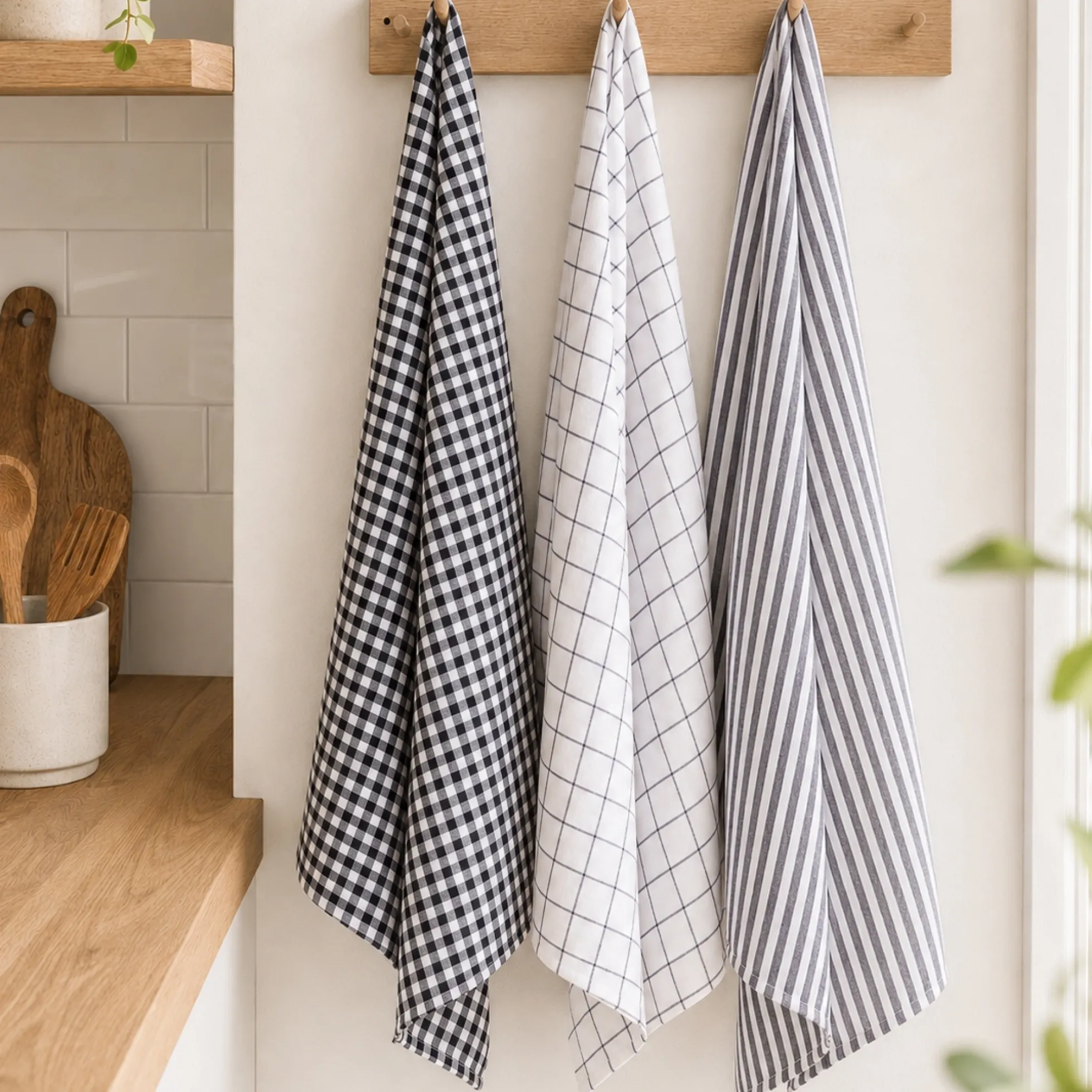 3-pak viskestykker 50x70 cm - 100% Bomuld - Sorte og hvide