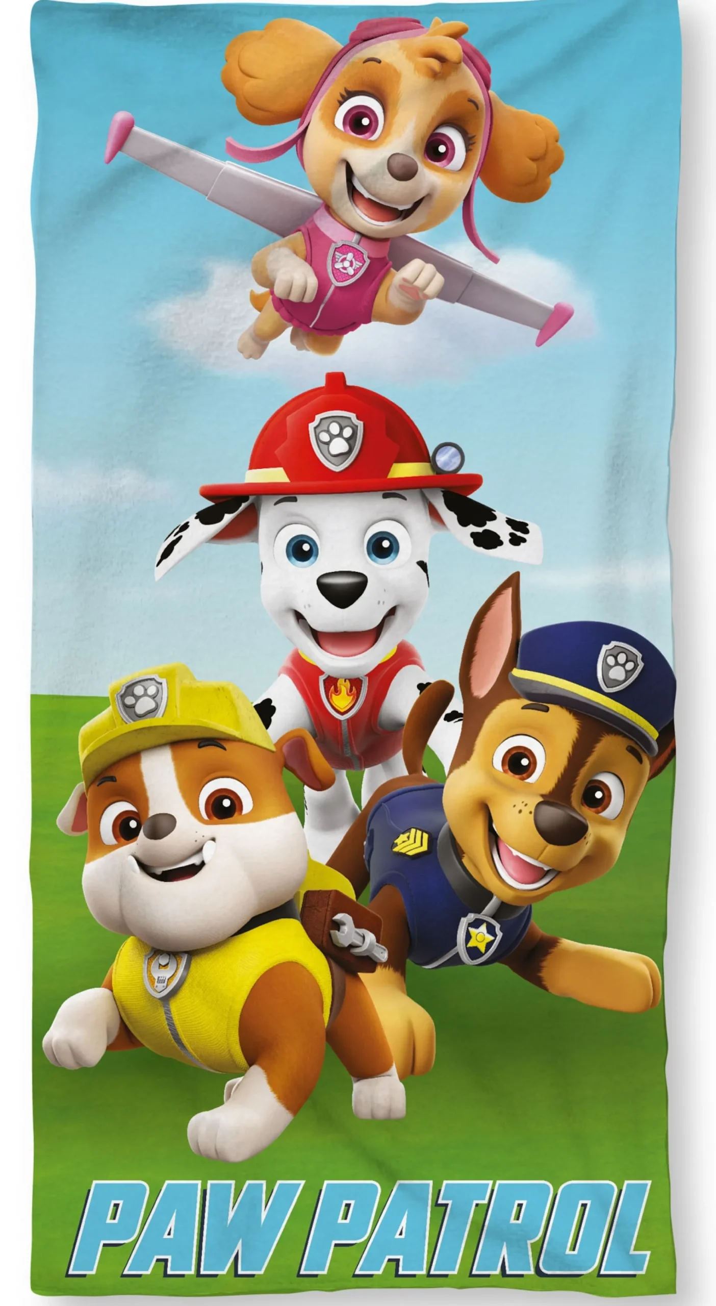 Paw Patrol håndklæde - 70x140 cm - 100% bomuld - Blødt badehåndklæde med Rubble, Skye, Chase og Marshall