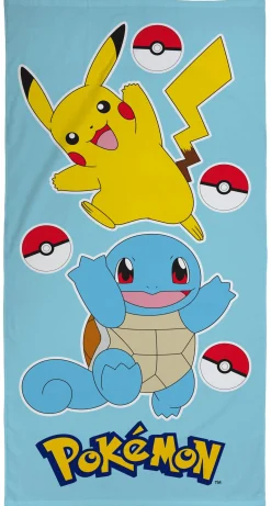 Pokémon håndklæde - 70x140 cm - 100% bomuld - Blødt børnehåndklæde med Pikachu og Squirtle