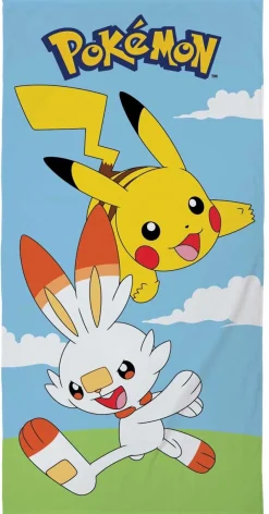 Pokémon håndklæde - 70x140 cm - 100% bomuld - Blødt badehåndklæde med Pikachu og Scorbunny