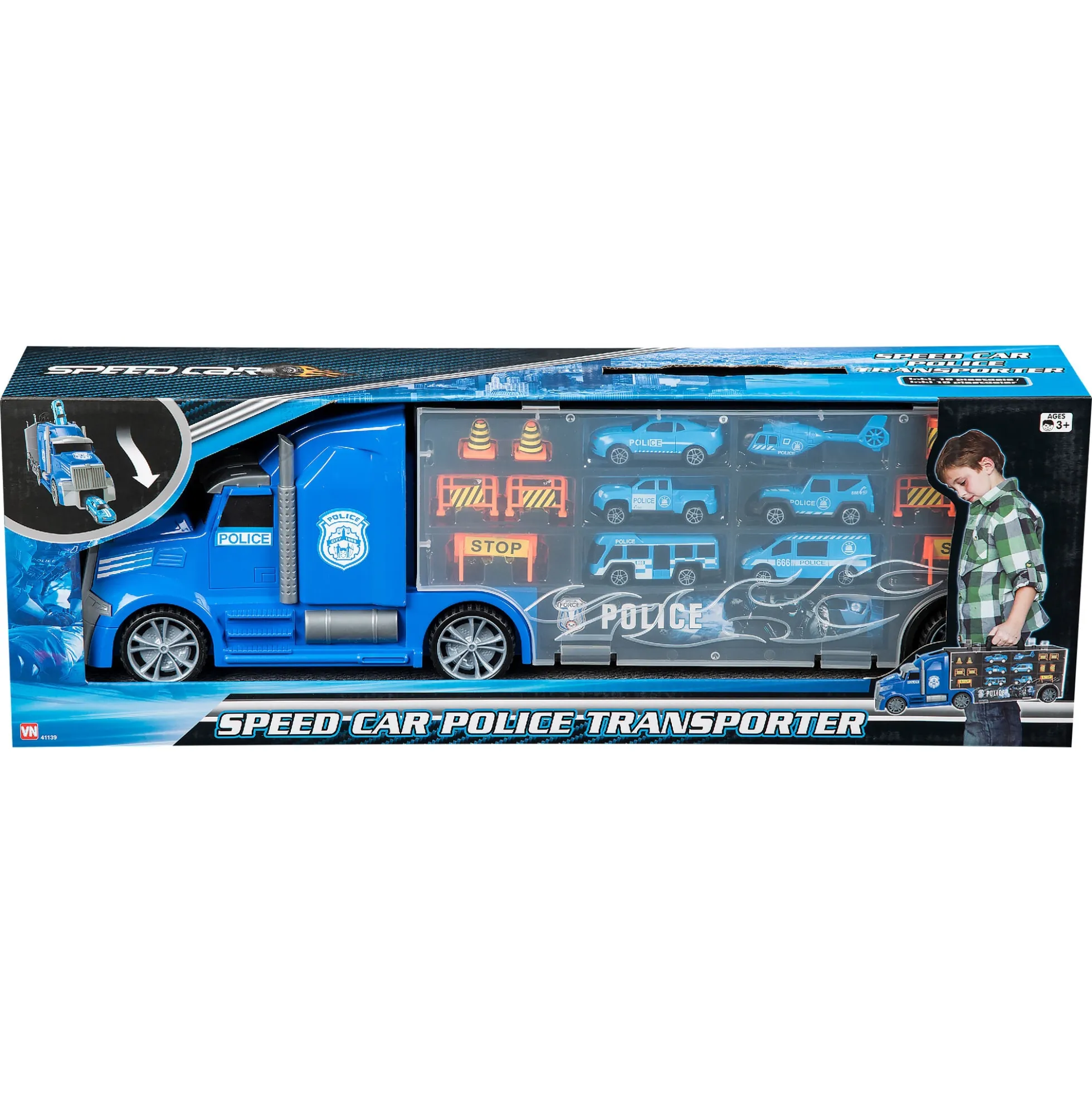 Politi autotransporter med 6 biler - carrycase med tilbehør - 59 cm