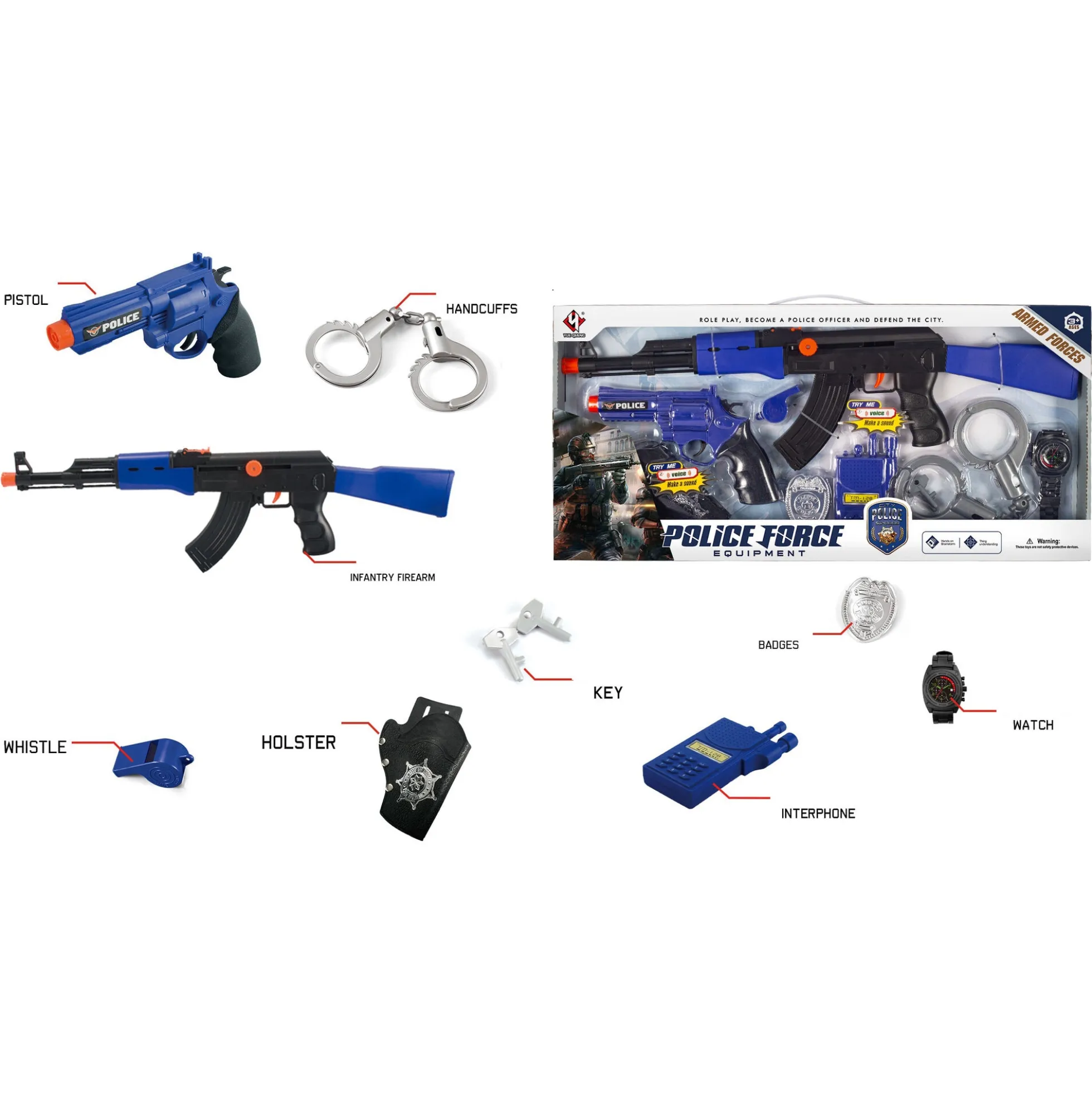 Politisæt med gevær og pistol med lyd 26x53x4 cm - 8 dele