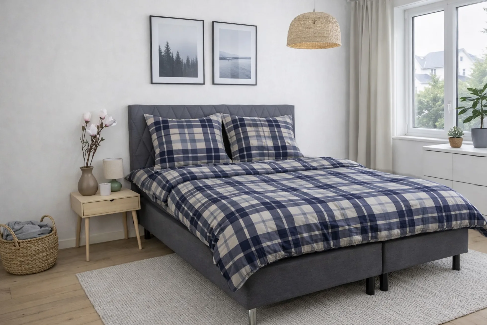Pudebetræk 60x63 cm - Bæk og Bølge - 100% Bomulds krep - Mørkeblå tern