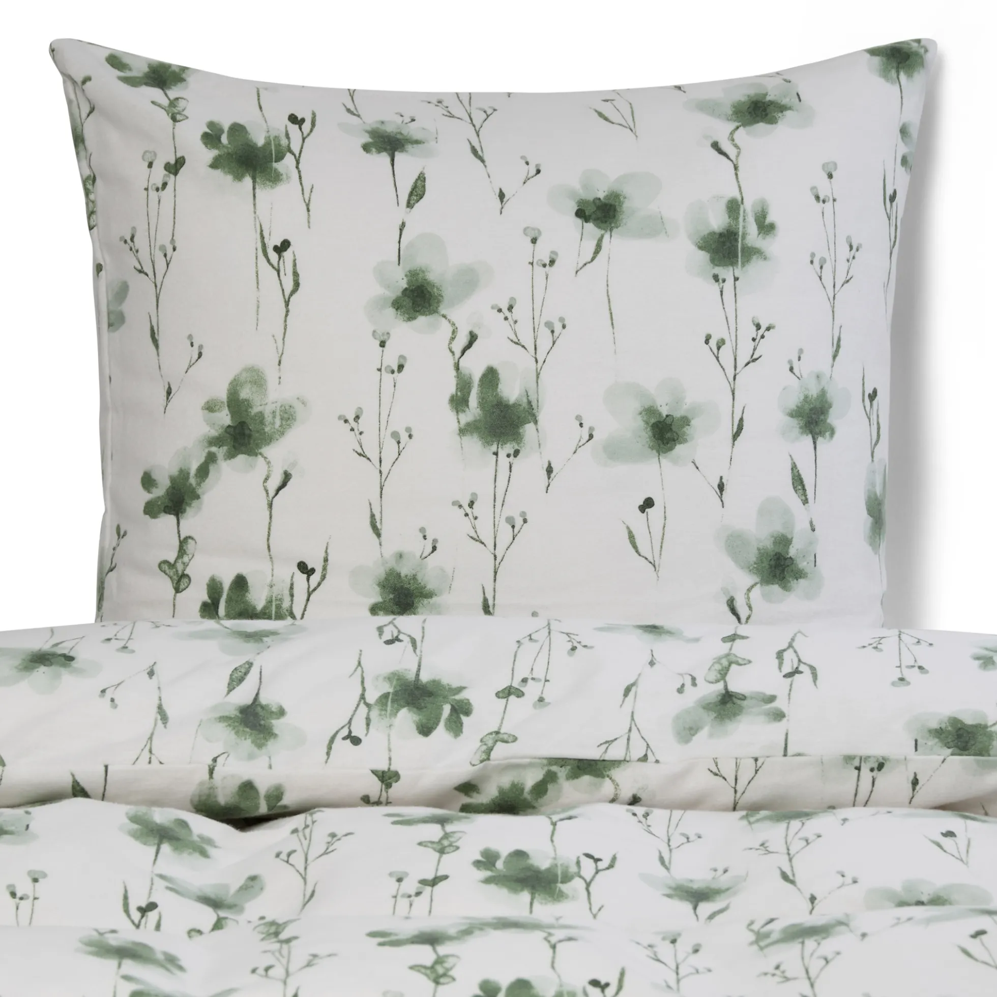 Pudebetræk 60x63 cm - Bomulds flonel - Hvid med grønne blomster