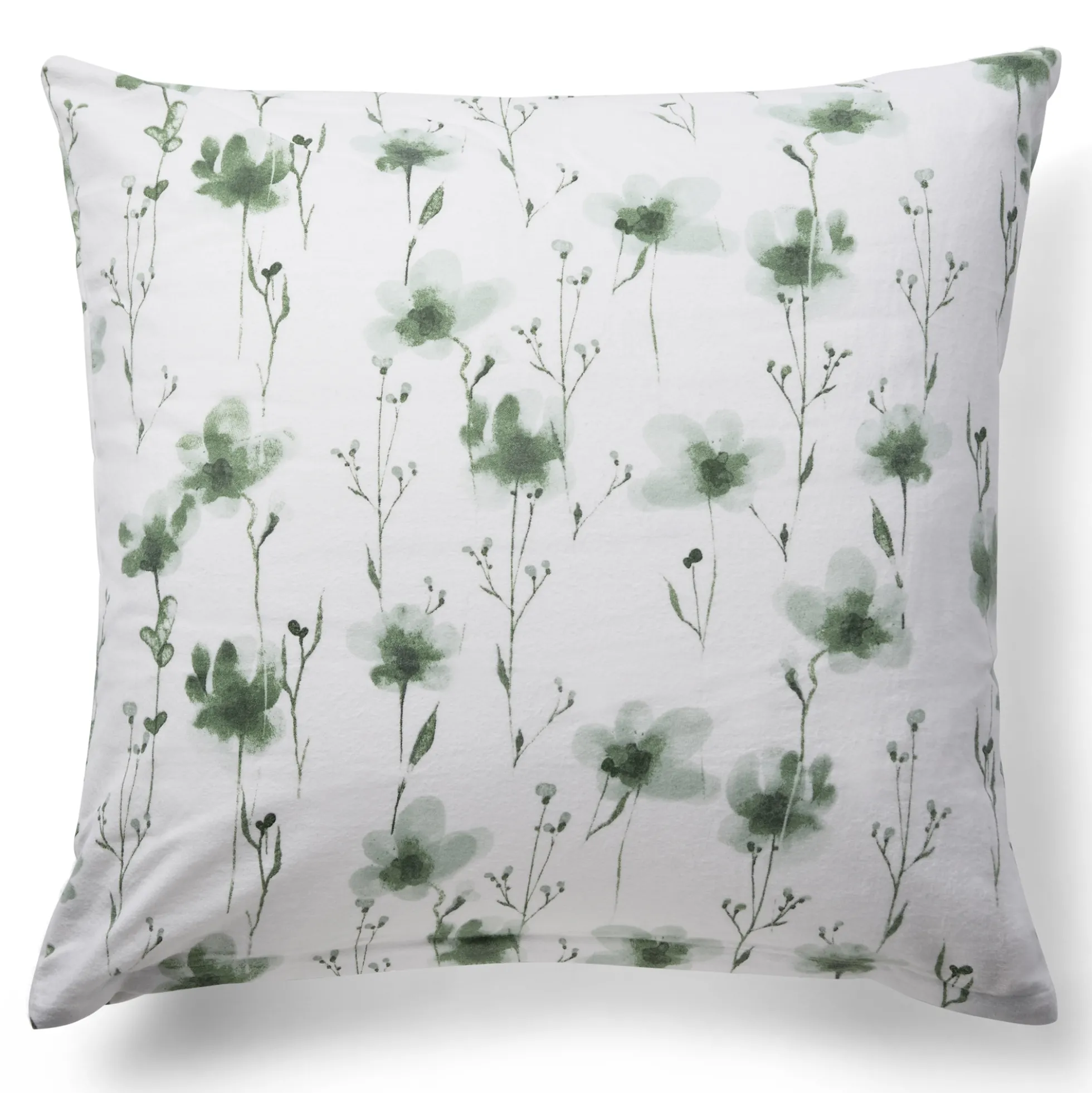 Pudebetræk 60x63 cm - Bomulds flonel - Hvid med grønne blomster