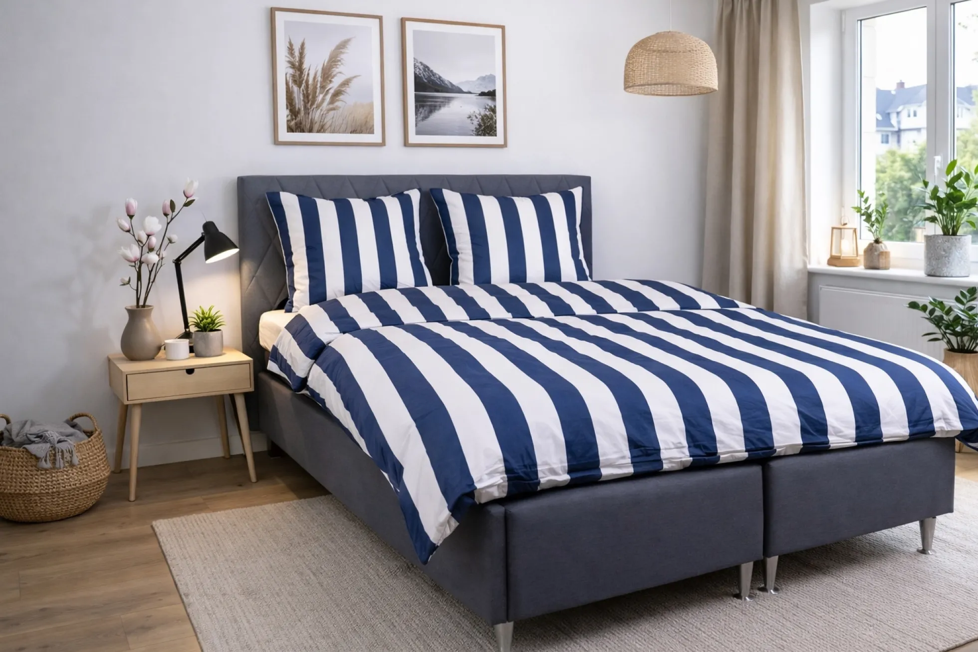 Pudebetræk 60x63 cm - 100% bomuldssatin - Nordic Stripe - Brede blå striber