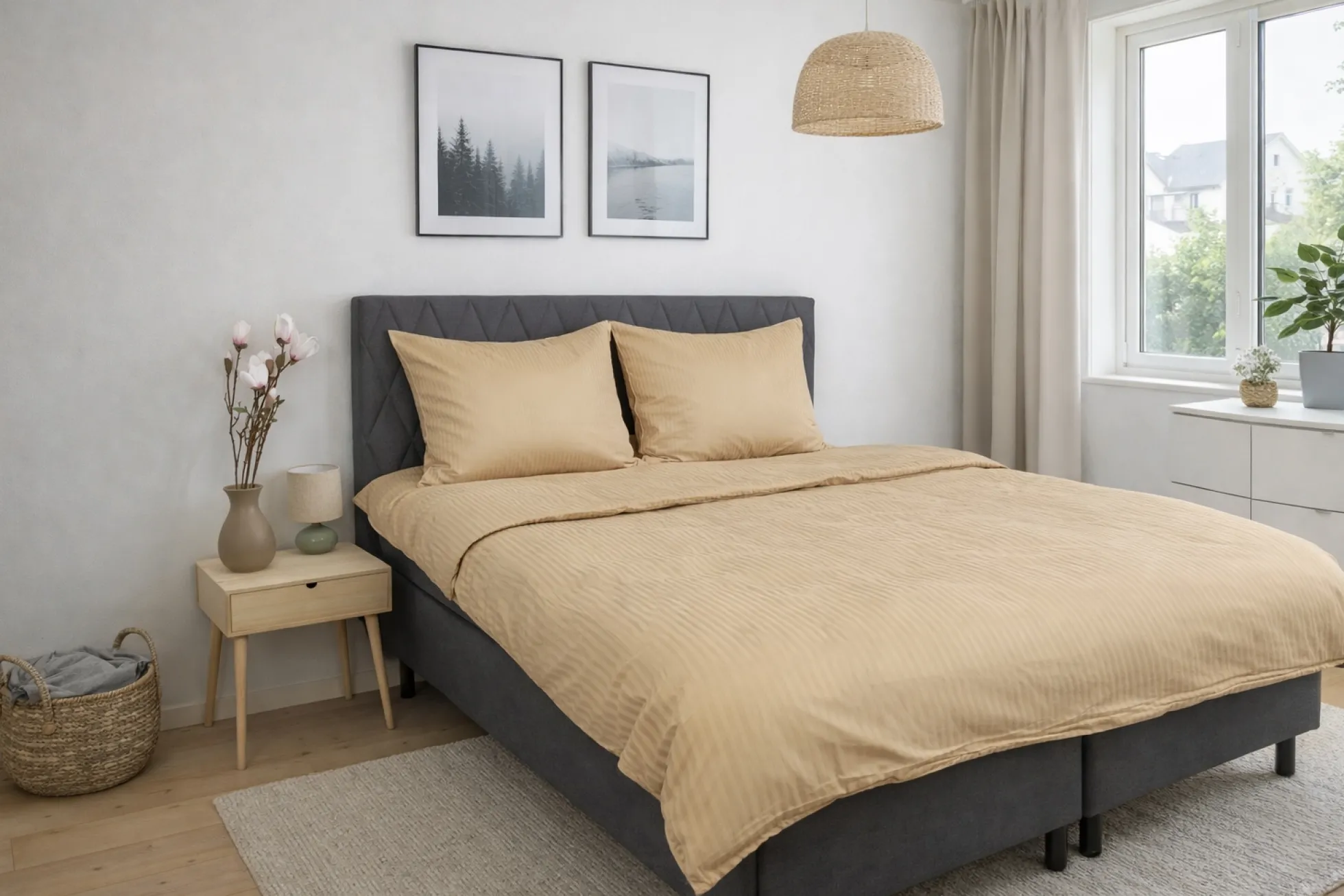 Pudebetræk 60x63 cm - Egyptisk bomuld - Beige jacquardvævede striber