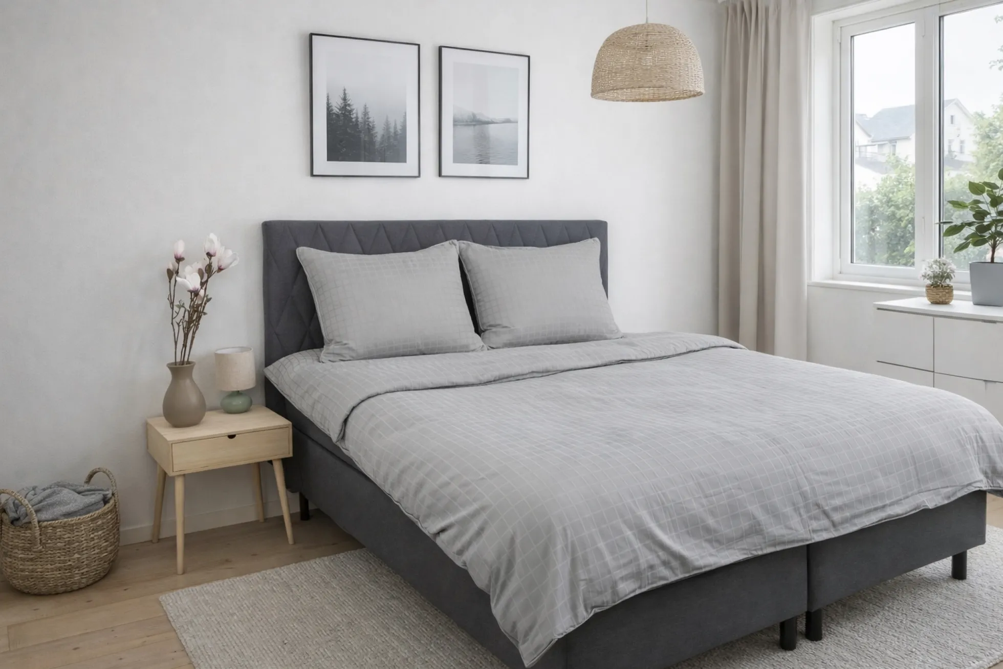 Pudebetræk 60x63 cm - GOTS certificeret økologisk bomuldssatin - Grå jacquardvævede tern