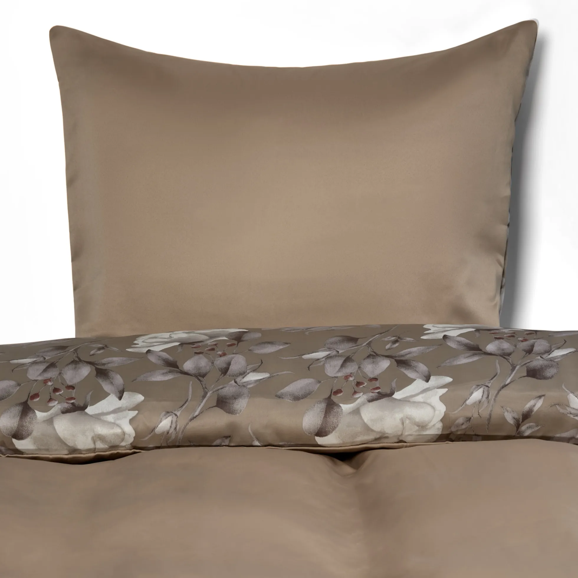Pudebetræk 60x63 cm - Satin - Brunt vendbart blomster design