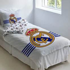 Real Madrid sengetøj - 100% bomuld - Børnesengetøj 140x200 cm - Hvidt fodbold sengetøj