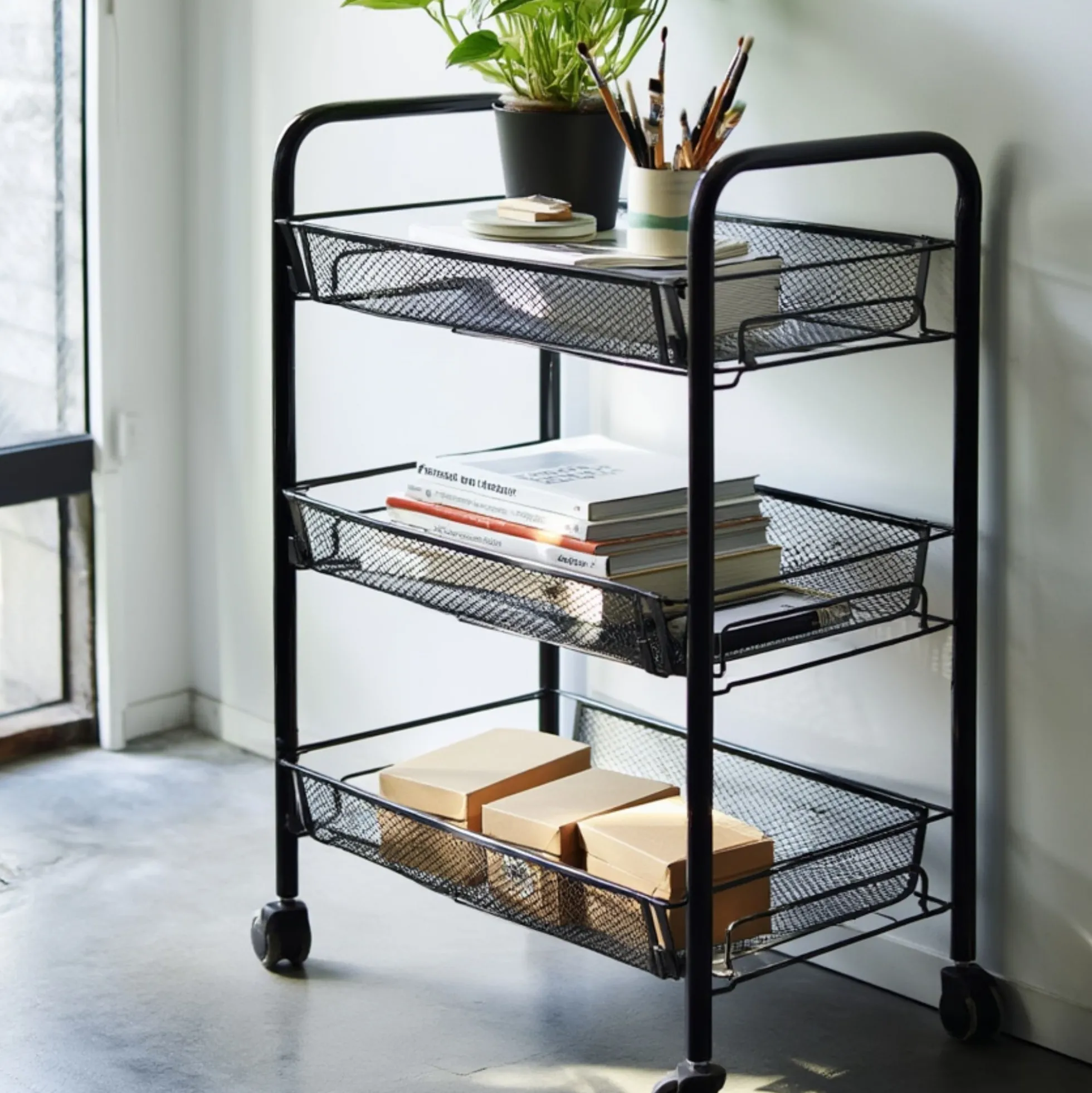 Rullevogn med 3 aftagelige kurve - 64x45x26 cm - Sort metalvogn på hjul