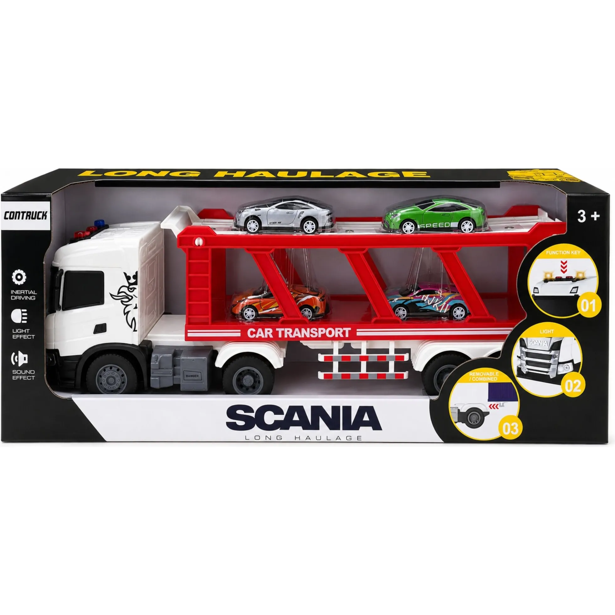 Scania lastbil med hænger og biler, lys og lyd - 41x9,5x15 cm