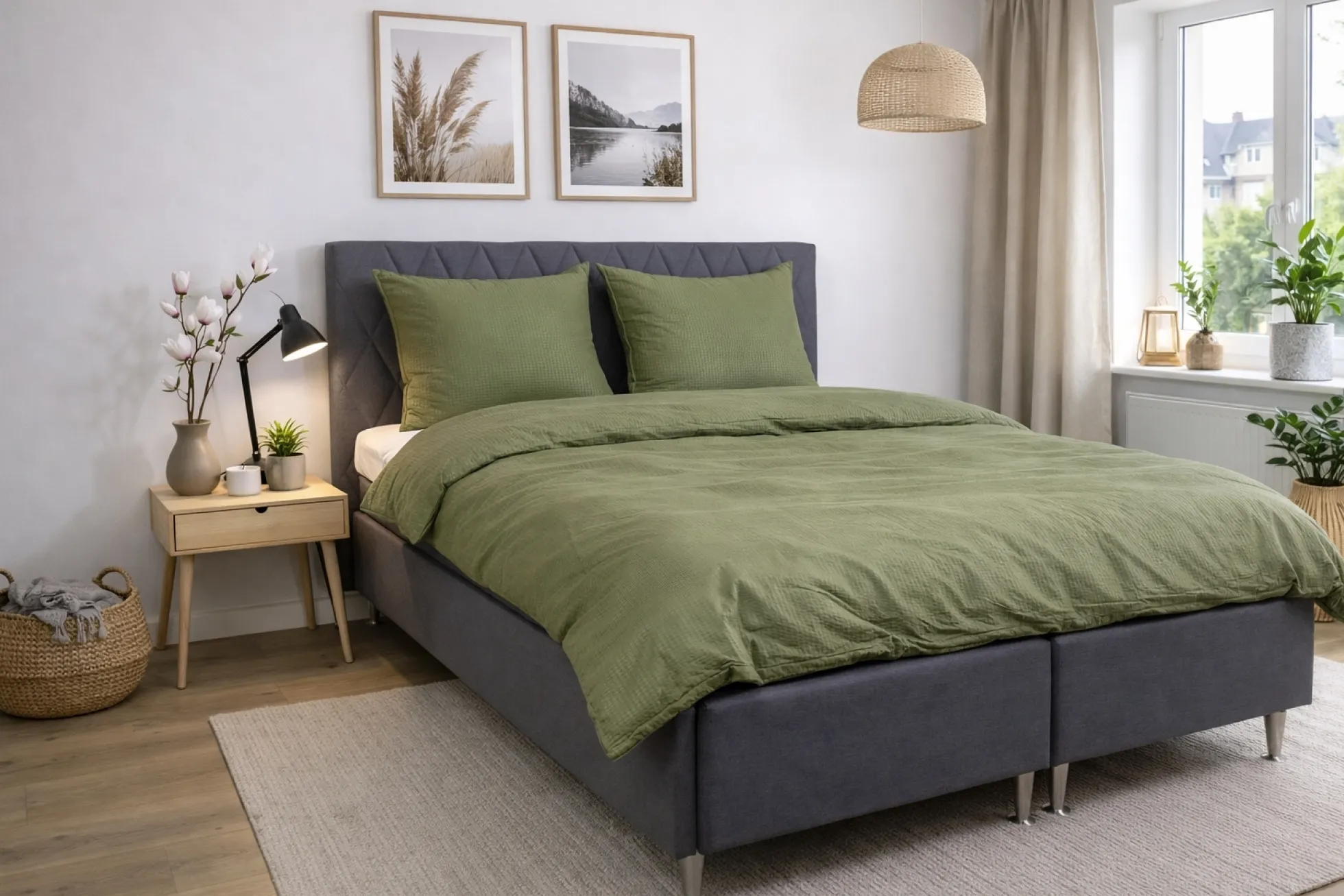 Sengetøj 140x200 cm - Bæk og bølge - Microfiber - Grøn krep