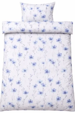 Sengetøj 140x220 cm - Bomulds flonel - Hvid med blå blomster