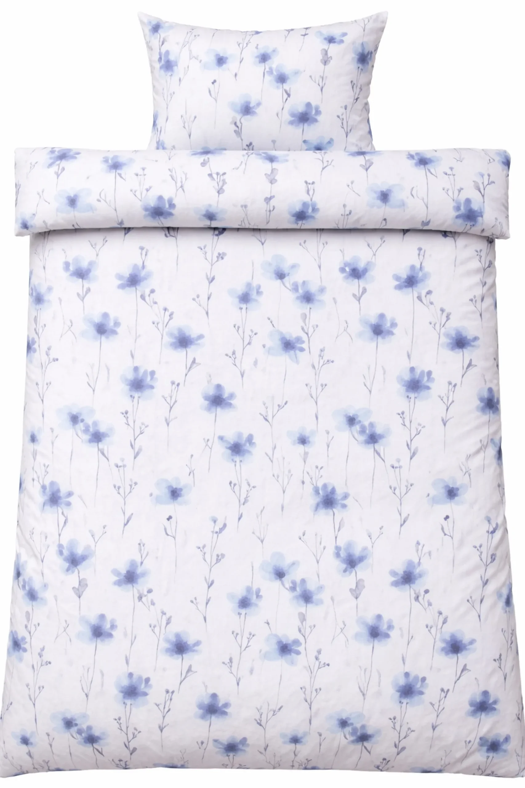 Sengetøj 140x220 cm - Bomulds flonel - Hvid med blå blomster