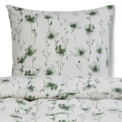 Sengetøj 140x220 cm - Bomulds flonel - Hvid med grønne blomster