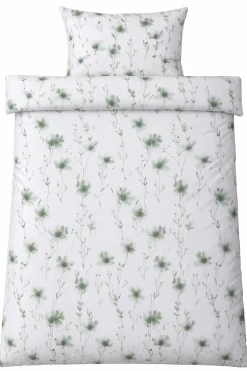 Sengetøj 140x220 cm - Bomulds flonel - Hvid med grønne blomster