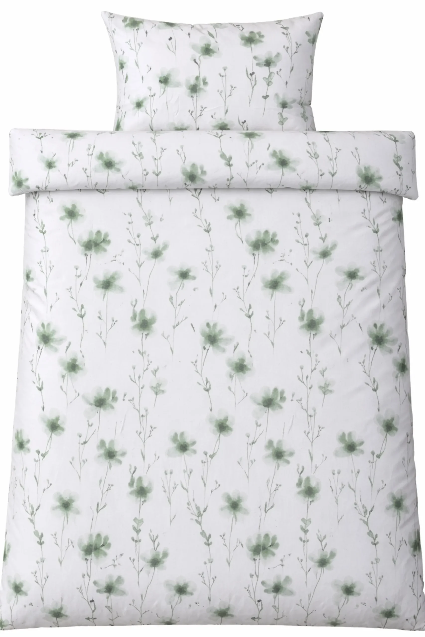 Sengetøj 140x220 cm - Bomulds flonel - Hvid med grønne blomster