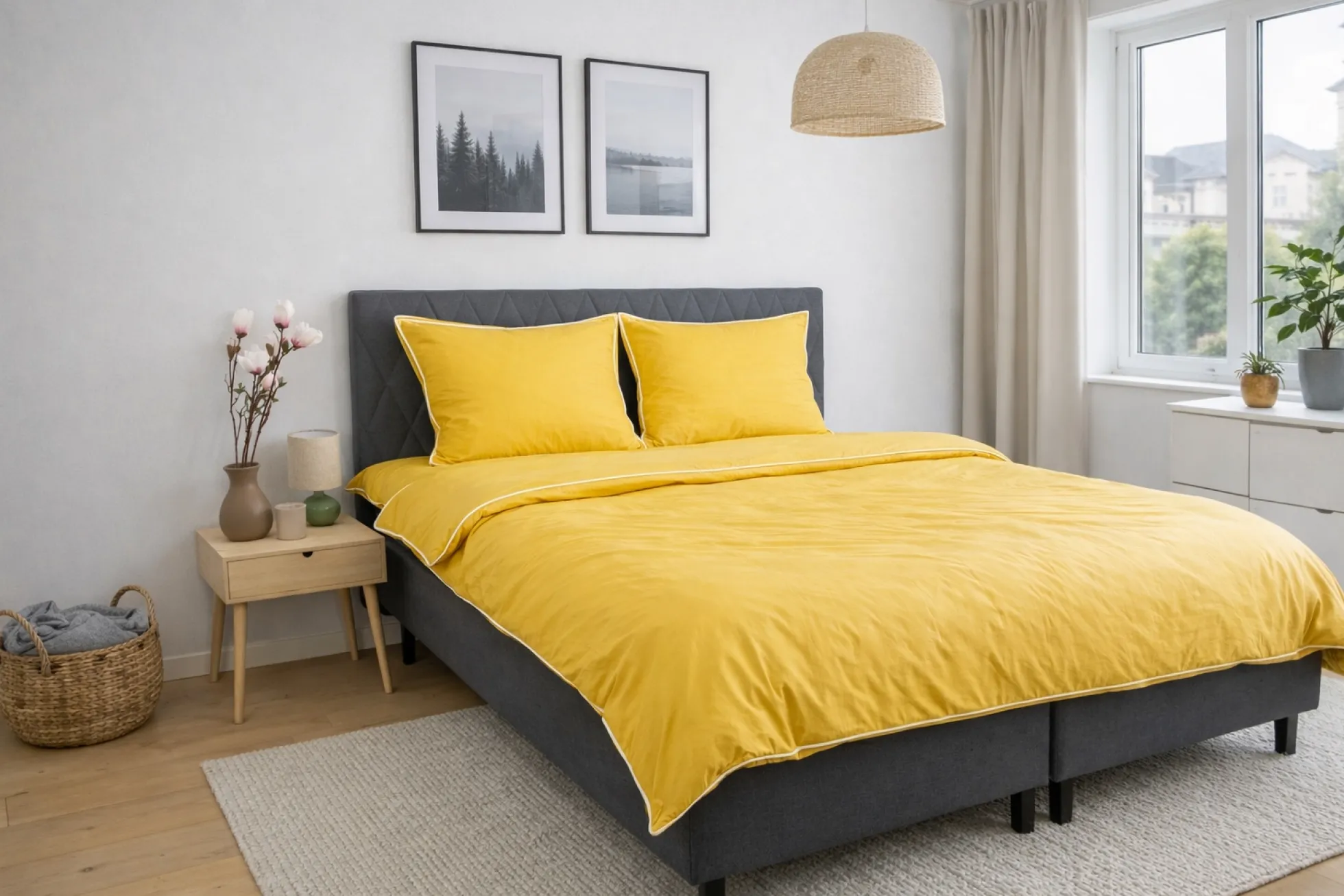 Sengetøj 140x220 cm - 100% bomuldssatin - Gul med hvid pipingkant