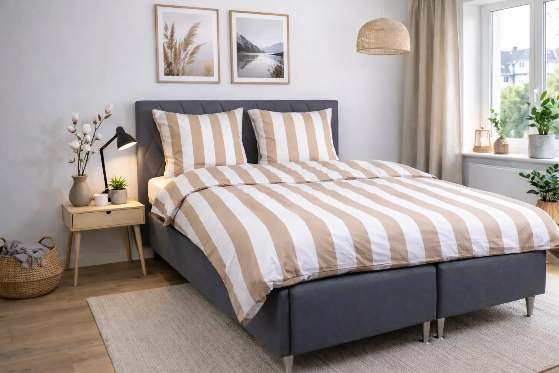 Sengetøj 140x200 cm - 100% bomuldssatin - Nordic Stripe - Brede naturfarvet striber