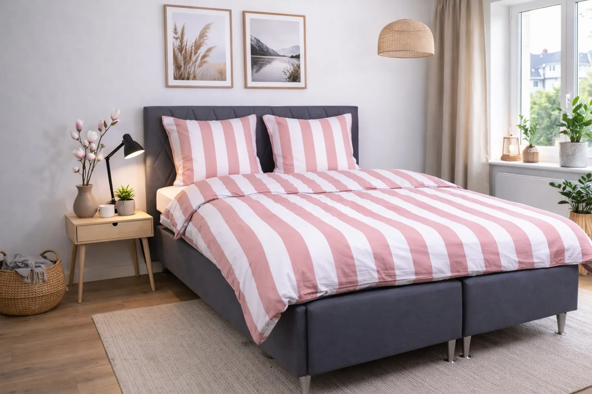 Sengetøj 140x200 cm - 100% bomuldssatin - Nordic Stripe - Brede lyserøde striber