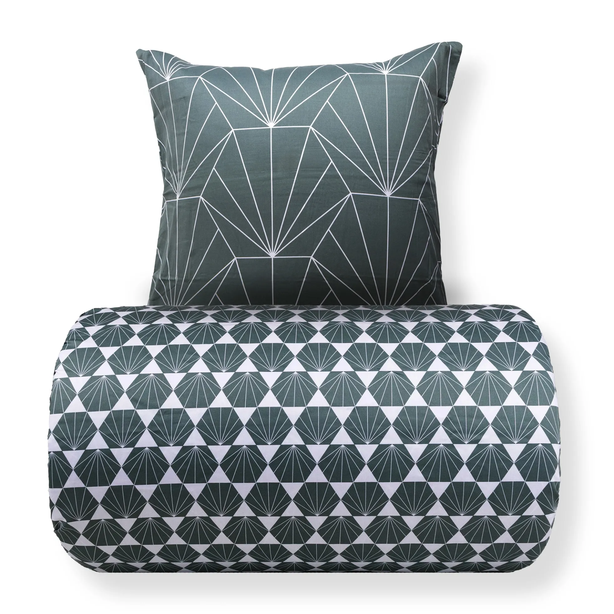 Sengetøj 140x200 cm - 100% bomuldssatin - Vendbart støvet grønt Hexagon print