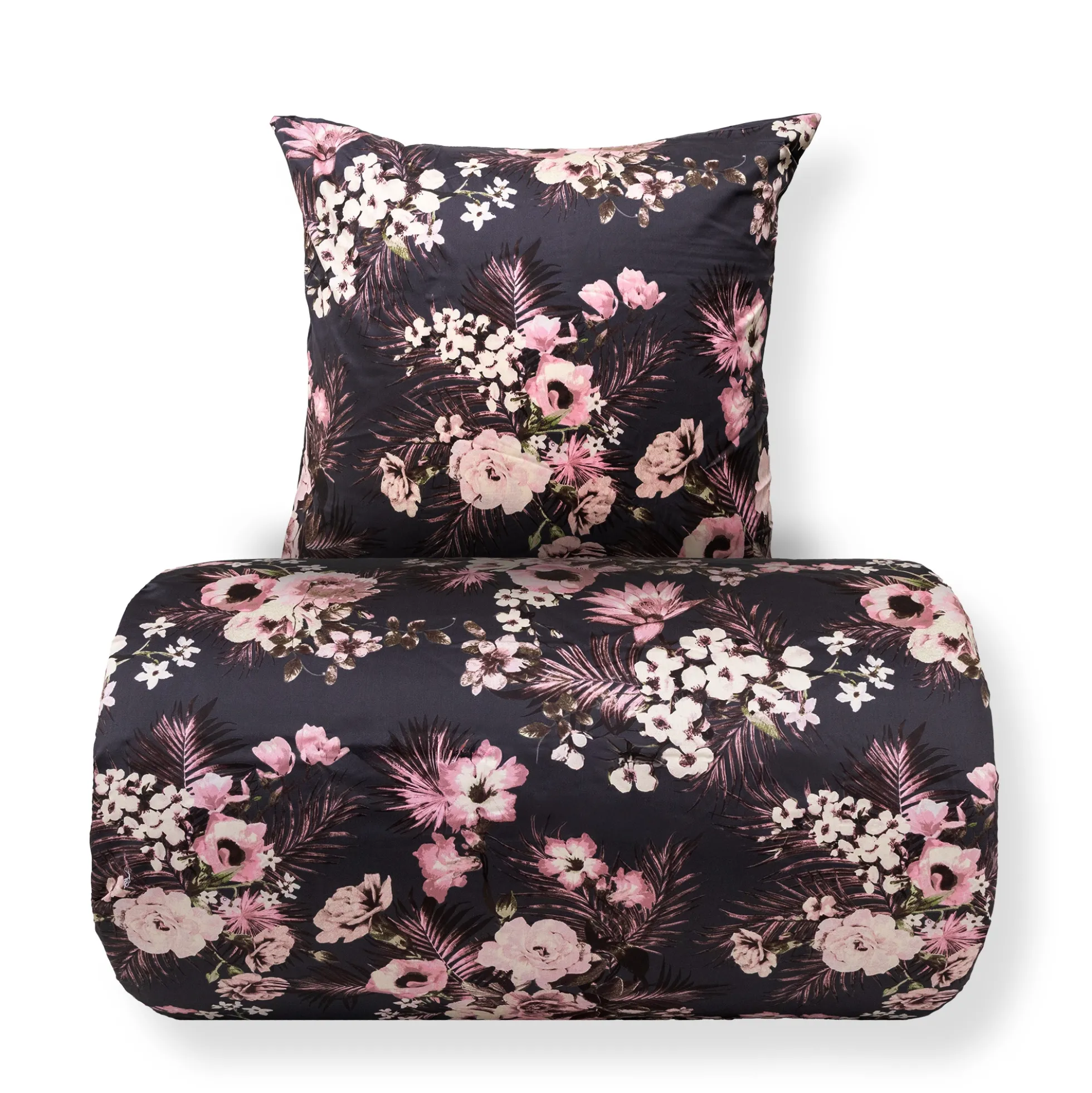 Sengetøj 140x220 cm - 100% bomuldssatin - Vendbart gråt blomster print og prikker