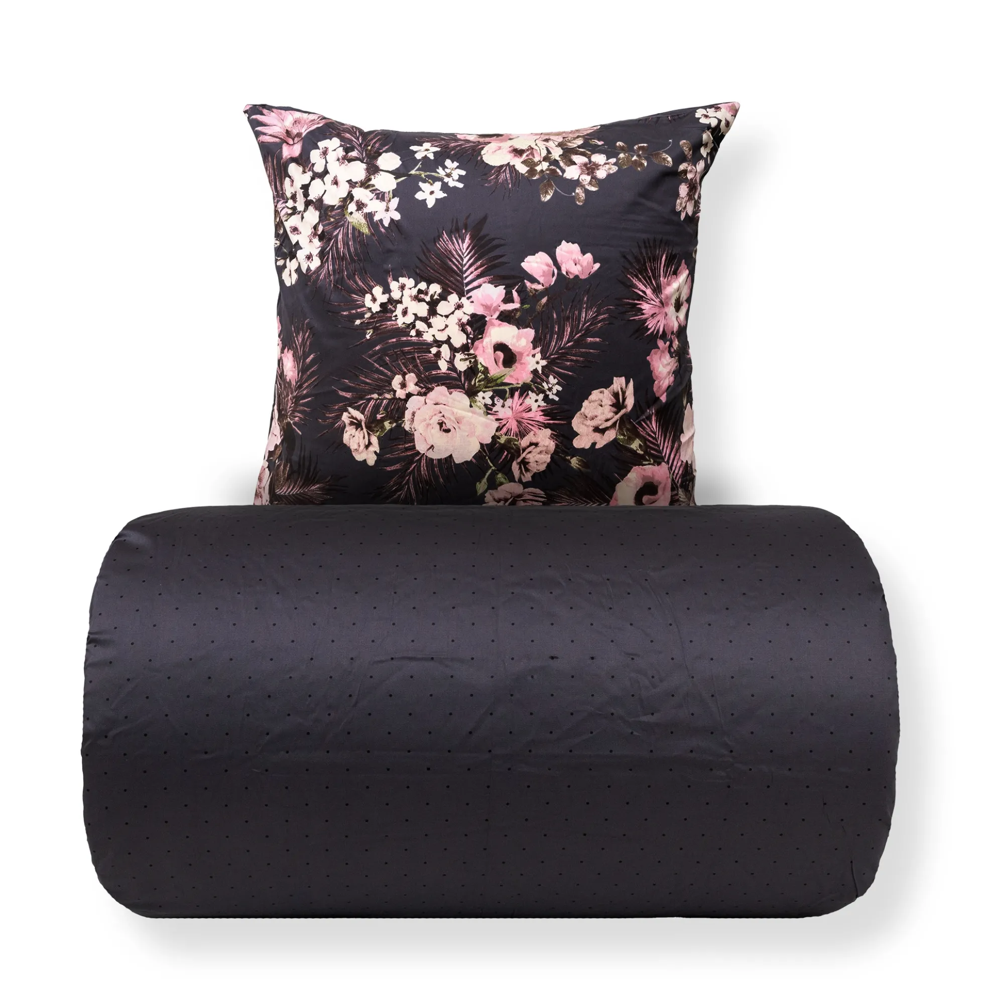 Sengetøj 140x220 cm - 100% bomuldssatin - Vendbart gråt blomster print og prikker