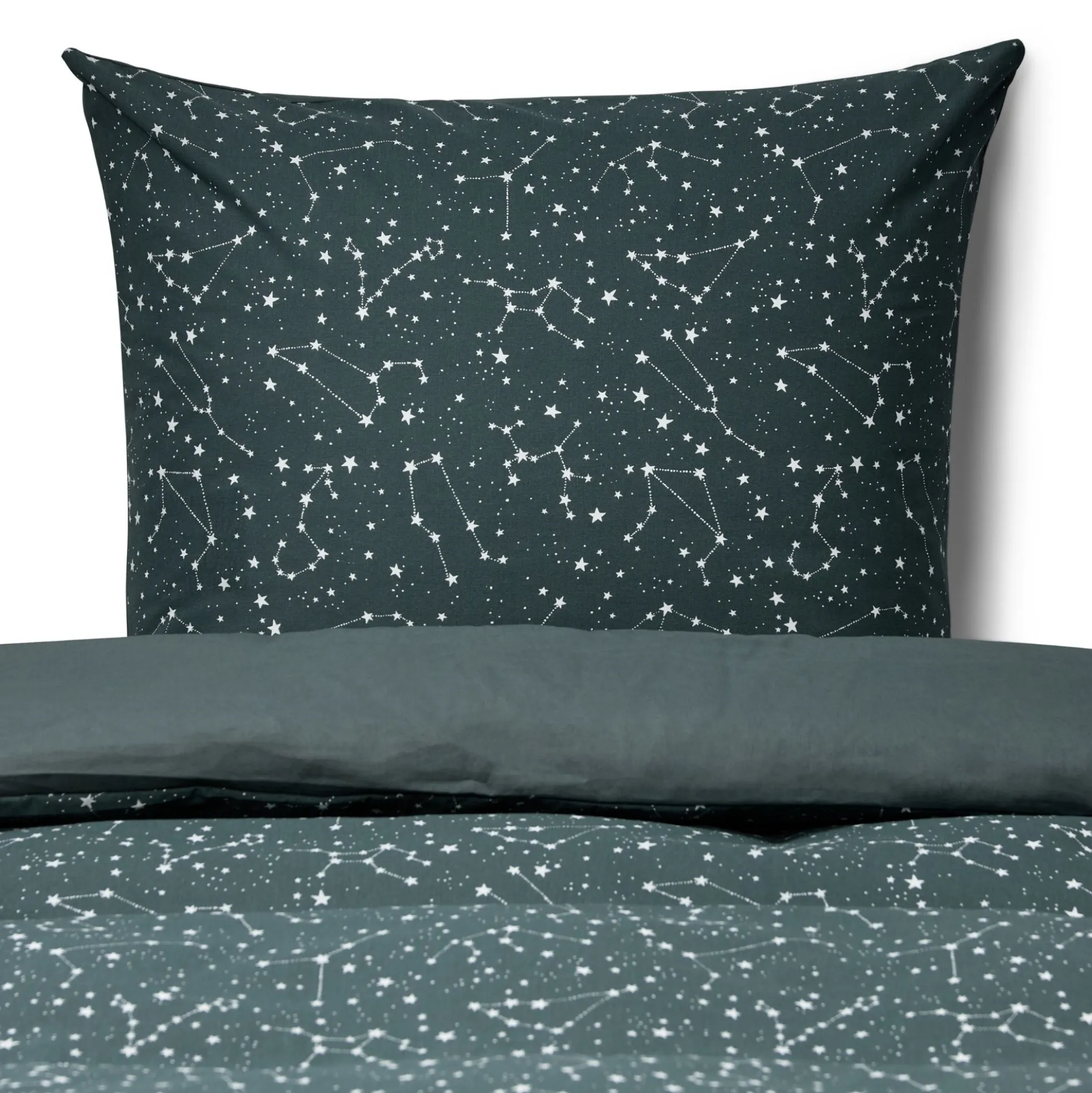Sengetøj 140x200 cm - 100% Bomuld - Zodiac green - Vendbart med stjerner
