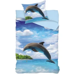 Sengetøj 150x210 cm - Delfin sengesæt - 100% bomuld - Sengetøj til børn