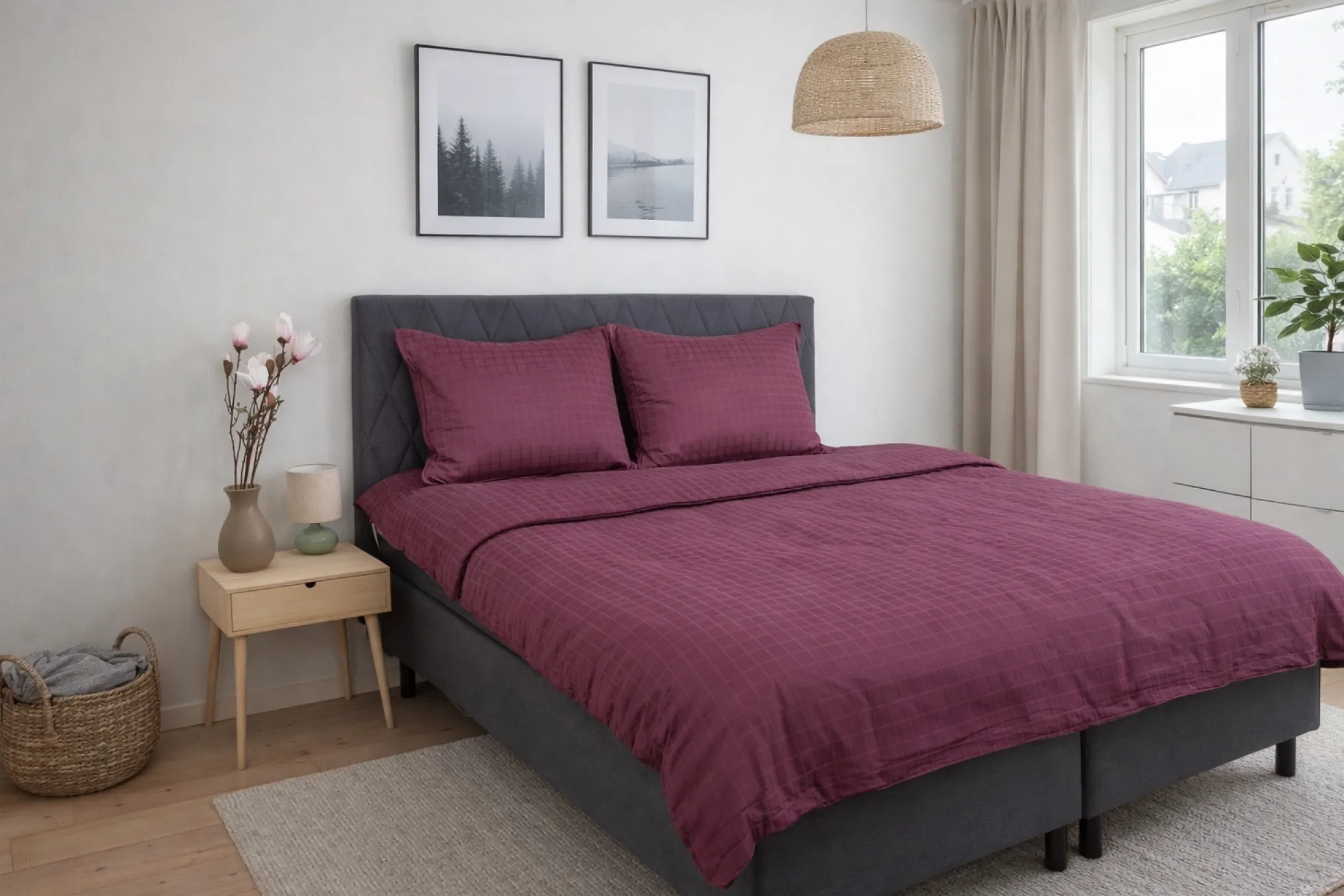Sengetøj 140x220 cm - GOTS certificeret økologisk bomuldssatin - Blomme farvet jacquardvævede tern