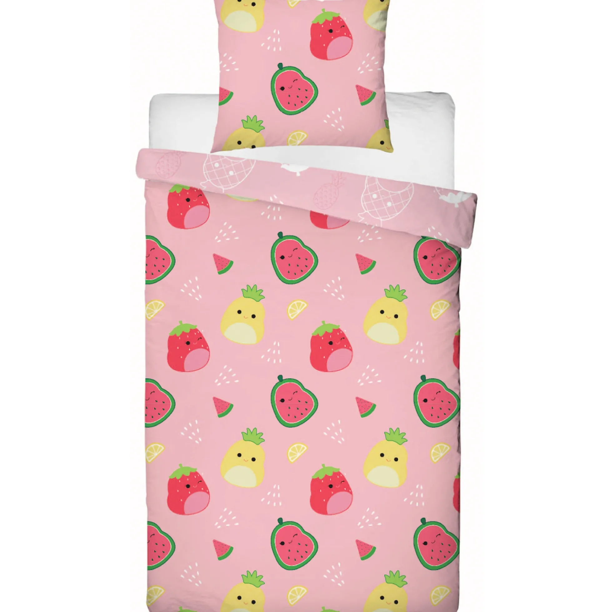 Squishmallows sengetøj - 100% bomuld - Børnesengetøj 140x200 cm - Lyserød Malcolm og Maui