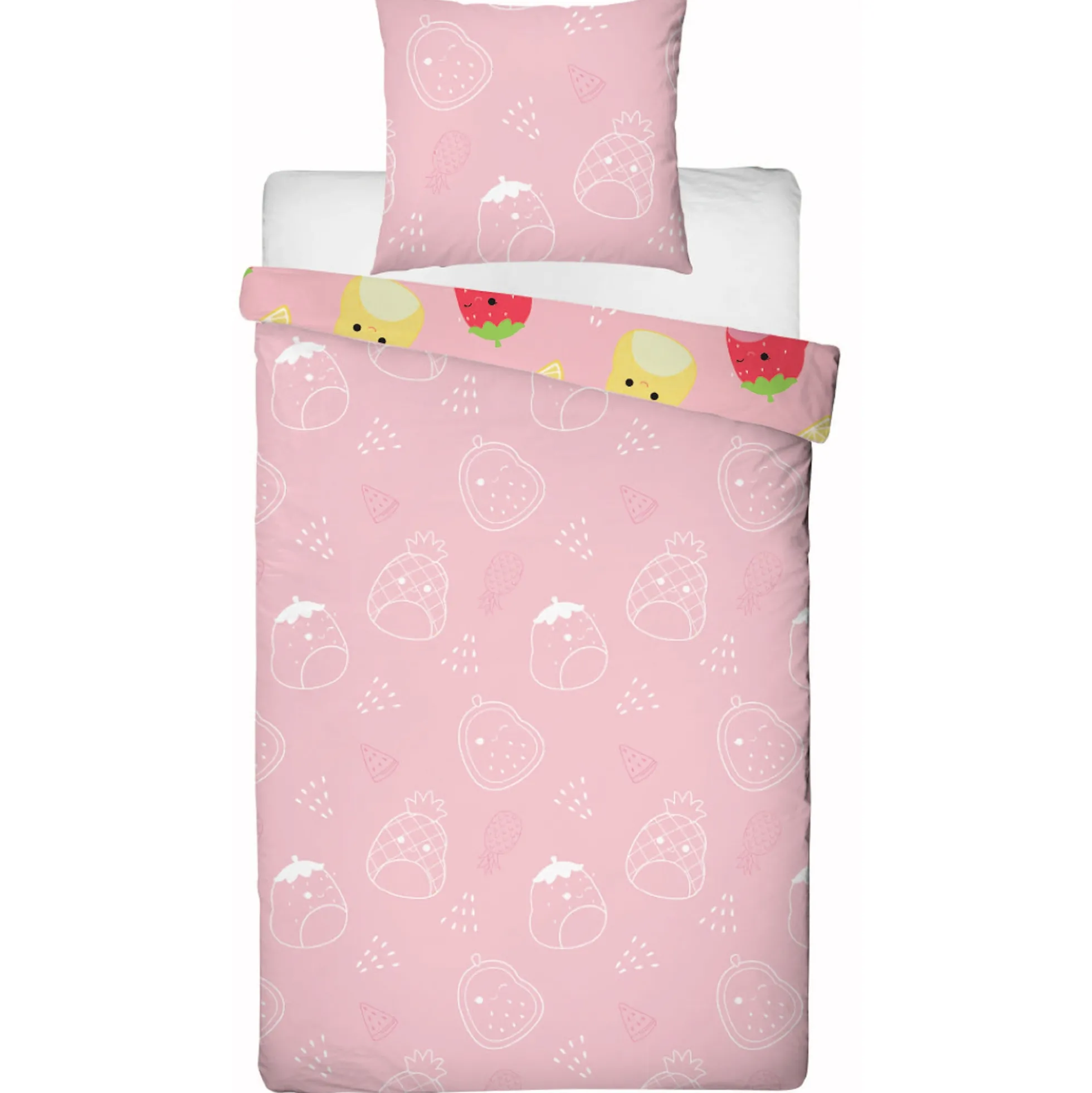 Squishmallows sengetøj - 100% bomuld - Børnesengetøj 140x200 cm - Lyserød Malcolm og Maui