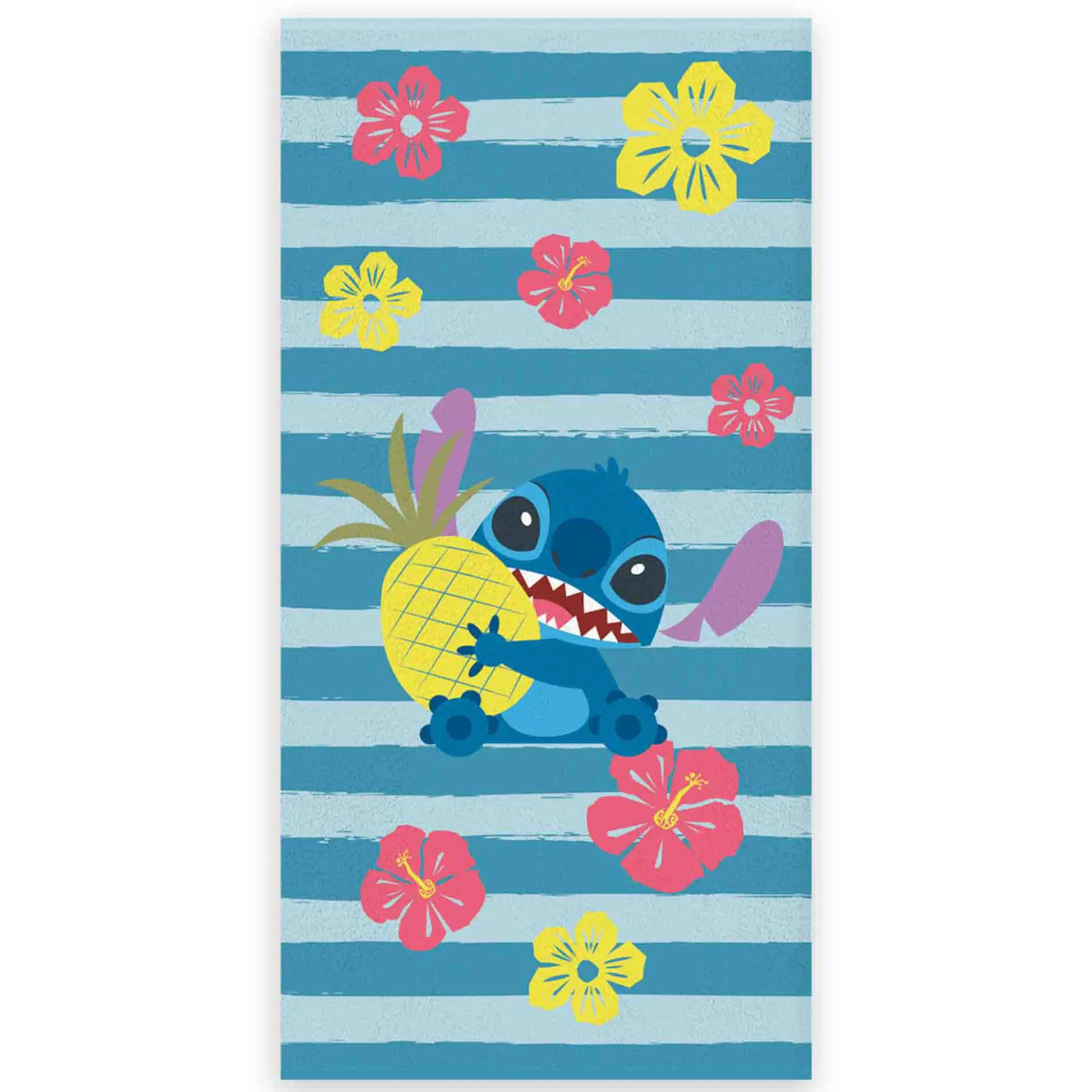 Stitch håndklæde - 70x140 cm - 100% bomuld - Blødt badehåndklæde med Stitch, ananas og blomster