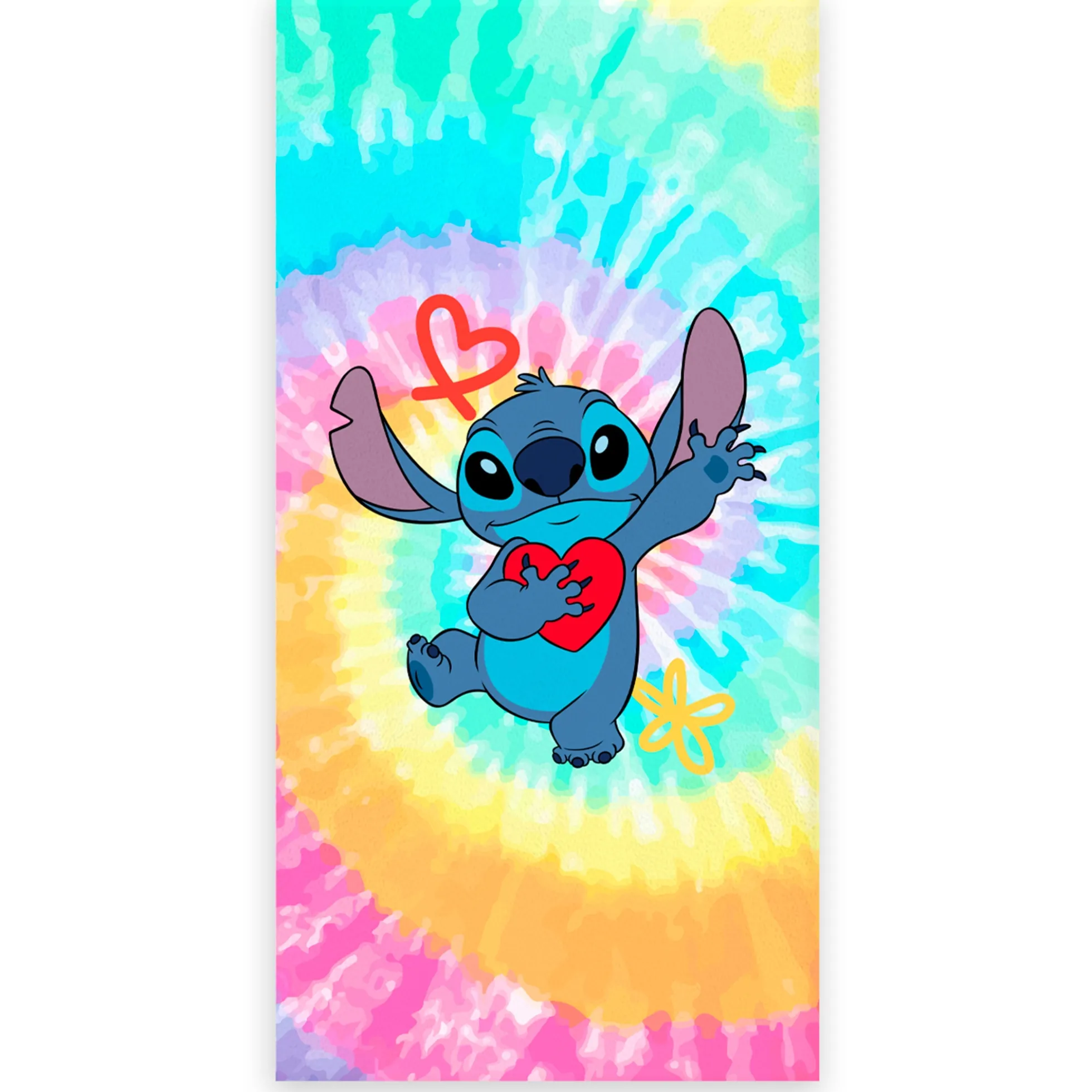 Stitch håndklæde - 70x140 cm - 100% bomuld - Blødt badehåndklæde med Stitch og Tie Die baggrund